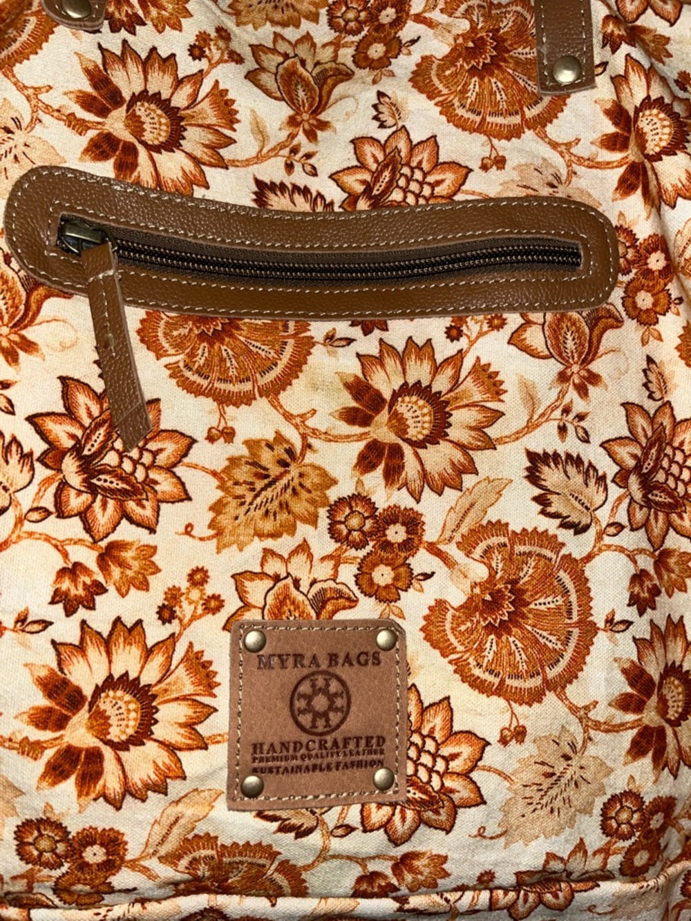 Myra Bag Floral Canvas Tote in Brown and Cream with fringe - Picture 2 of 10